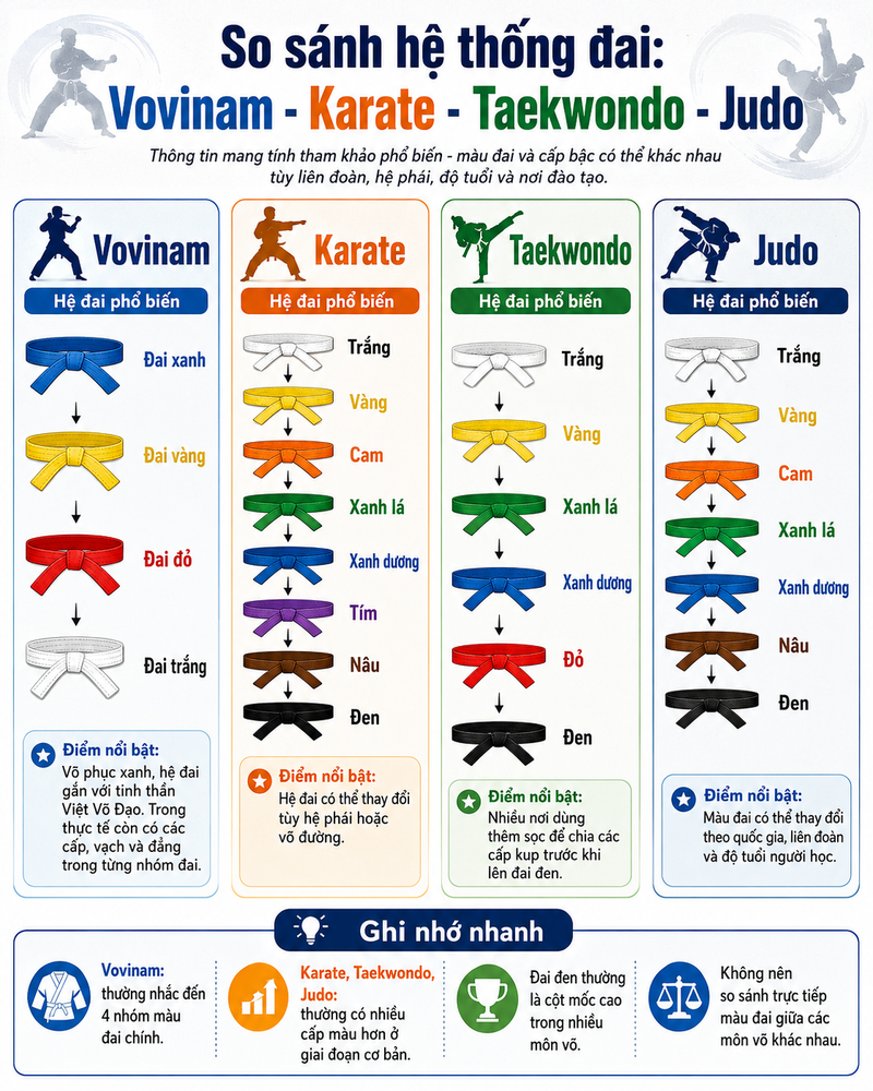 Mỗi môn võ có hệ thống đai riêng, vì vậy không nên so sánh trực tiếp màu đai giữa Vovinam và các môn võ khác. 